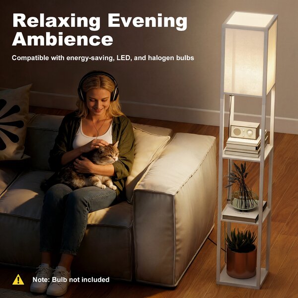 HOMCOM Standing Lamp, Floor Lamp with 3-Tier Storage Shelf, Reading Standing Lamp for Living Room, Bedroom, White Aosom UK