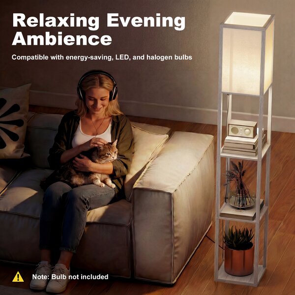 HOMCOM Floor Lamp with Shelves, 3-Tier Floor Standing Lamp, Reading Standing Lamp for Living Room, Bedroom, Office, Dorm, Oak Aosom UK