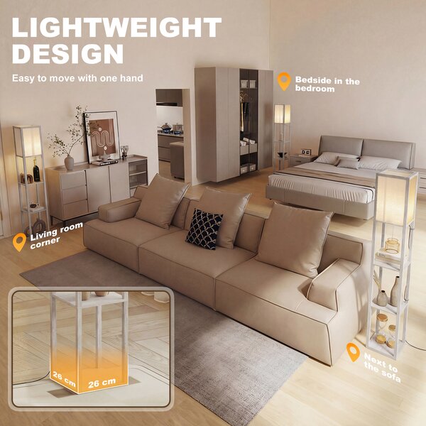 HOMCOM Floor Lamp with Shelves, 3-Tier Floor Standing Lamp, Reading Standing Lamp for Living Room, Bedroom, Office, Dorm, Oak Aosom UK