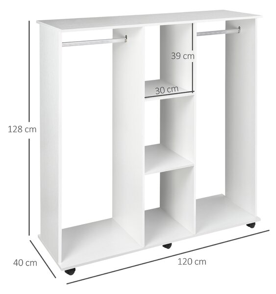 HOMCOM Double Mobile Open Wardrobe With Clothes Hanging Rails Storage Shelves Organizer Bedroom Furniture - White