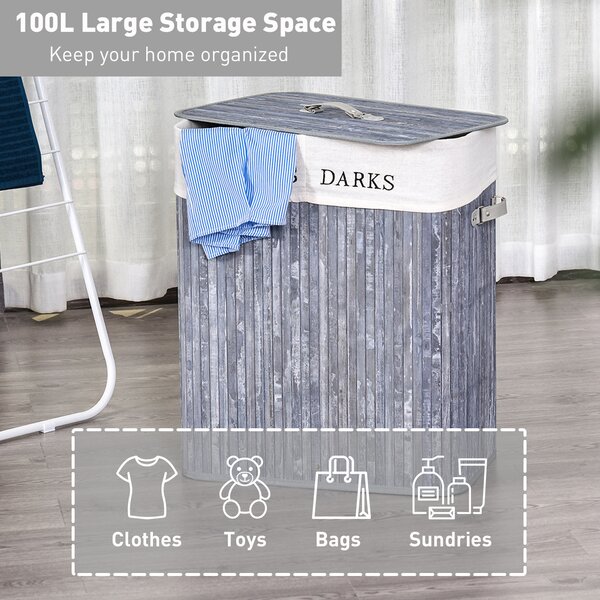 HOMCOM Wooden Laundry Hamper: 100L Collapsible Basket with Lid & Liner, Bedroom/Bathroom Storage, Grey Aosom UK