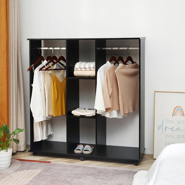 HOMCOM Double Mobile Open Wardrobe With Clothes Hanging Rails Storage Shelves Organizer Bedroom Furniture - Black Aosom UK