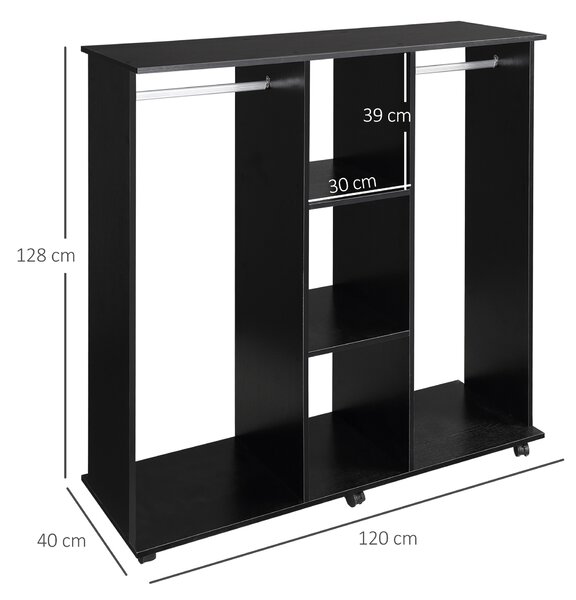HOMCOM Double Mobile Open Wardrobe With Clothes Hanging Rails Storage Shelves Organizer Bedroom Furniture - Black Aosom UK