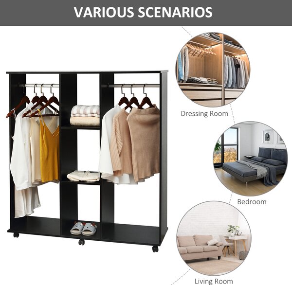 HOMCOM Double Mobile Open Wardrobe With Clothes Hanging Rails Storage Shelves Organizer Bedroom Furniture - Black Aosom UK