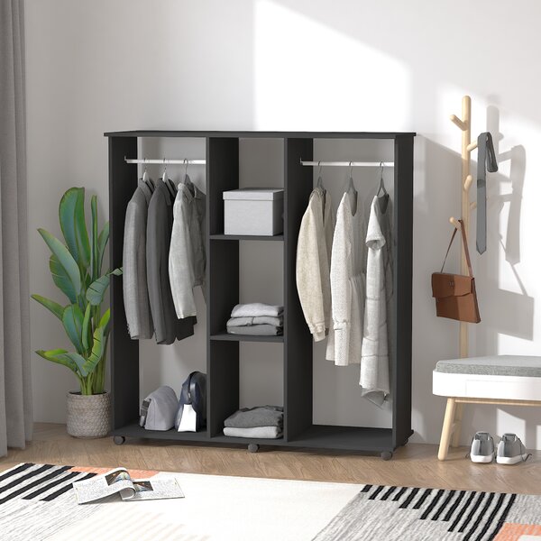HOMCOM Double Mobile Open Wardrobe With Clothes Hanging Rails Storage Shelves Organizer Bedroom Furniture - Black Aosom UK