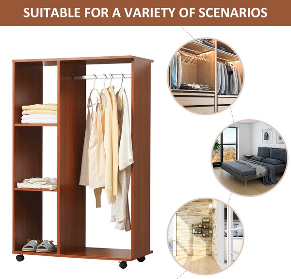 HOMCOM Bedroom Open Wardrobe, Hanging Rail with Storage Shelves, Mobile Clothes Organizer on Wheels, Walnut Aosom UK