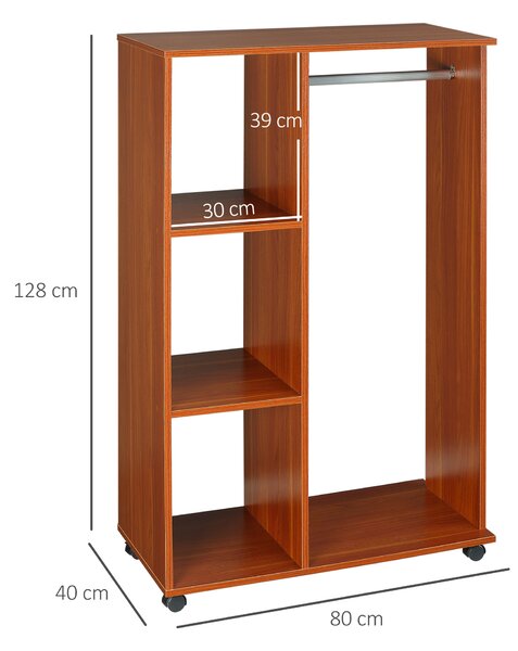 HOMCOM Bedroom Open Wardrobe, Hanging Rail with Storage Shelves, Mobile Clothes Organizer on Wheels, Walnut Aosom UK