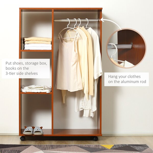 HOMCOM Bedroom Open Wardrobe, Hanging Rail with Storage Shelves, Mobile Clothes Organizer on Wheels, Walnut Aosom UK
