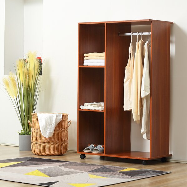 HOMCOM Bedroom Open Wardrobe, Hanging Rail with Storage Shelves, Mobile Clothes Organizer on Wheels, Walnut Aosom UK