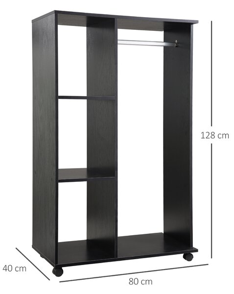 HOMCOM Mobile Open Wardrobe, Bedroom Clothes Storage with Hanging Rail and Shelves, on Wheels, Black Aosom UK