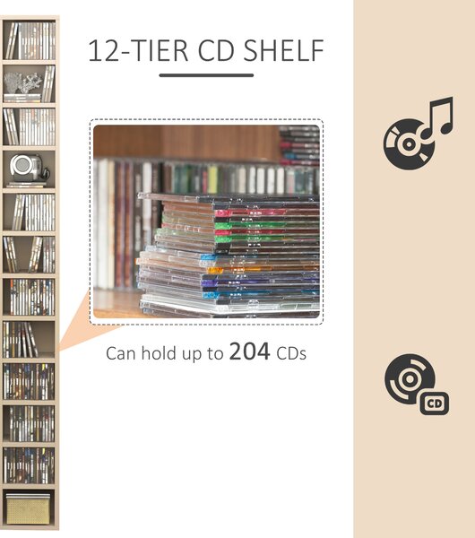 HOMCOM 12-tier Media Storage Cabinet 204 CDs Shelf Tower Multimedia Organizer Rack Stand Bookcase Display Unit Aosom UK