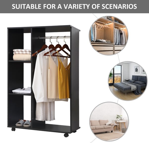HOMCOM Mobile Open Wardrobe, Bedroom Clothes Storage with Hanging Rail and Shelves, on Wheels, Black Aosom UK