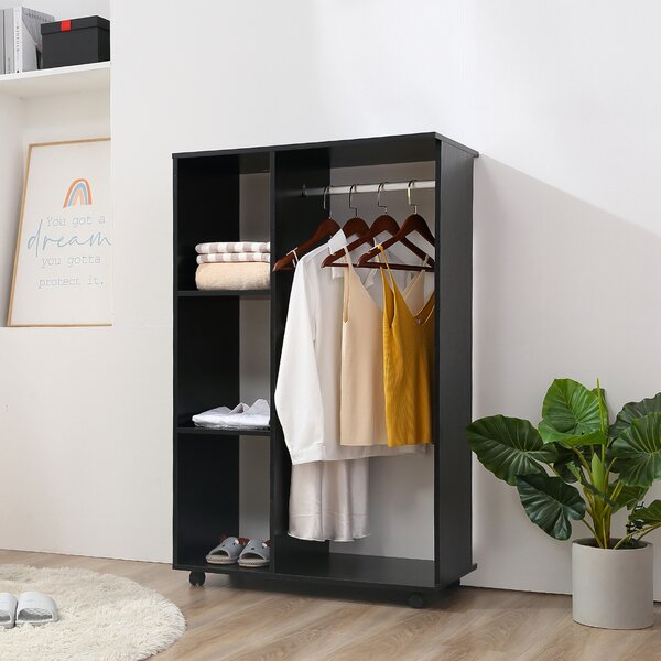 HOMCOM Mobile Open Wardrobe, Bedroom Clothes Storage with Hanging Rail and Shelves, on Wheels, Black Aosom UK