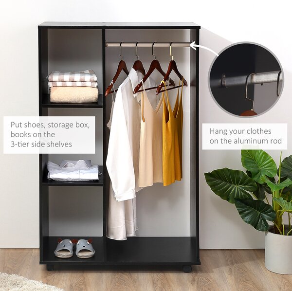 HOMCOM Mobile Open Wardrobe, Bedroom Clothes Storage with Hanging Rail and Shelves, on Wheels, Black Aosom UK