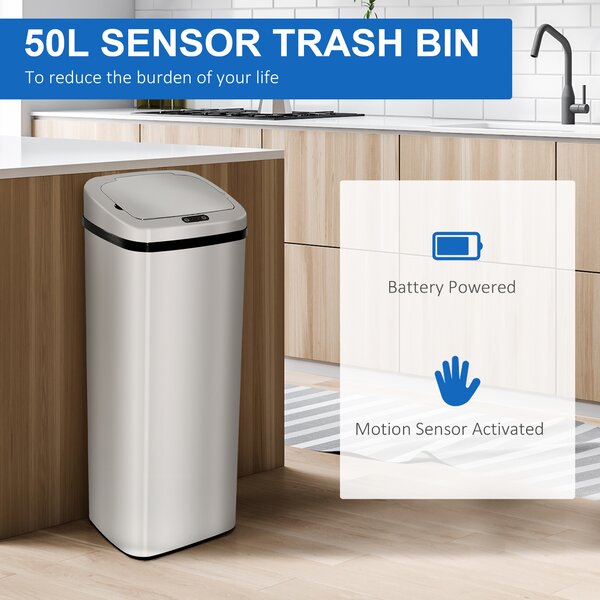 HOMCOM 50L Infrared Touchless Automatic Motion Sensor Dustbin, Stainless Steel Trash Can for Home & Office, Modern Design Aosom UK