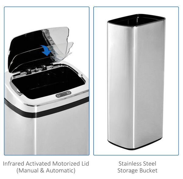 HOMCOM 50L Infrared Touchless Automatic Motion Sensor Dustbin, Stainless Steel Trash Can for Home & Office, Modern Design Aosom UK
