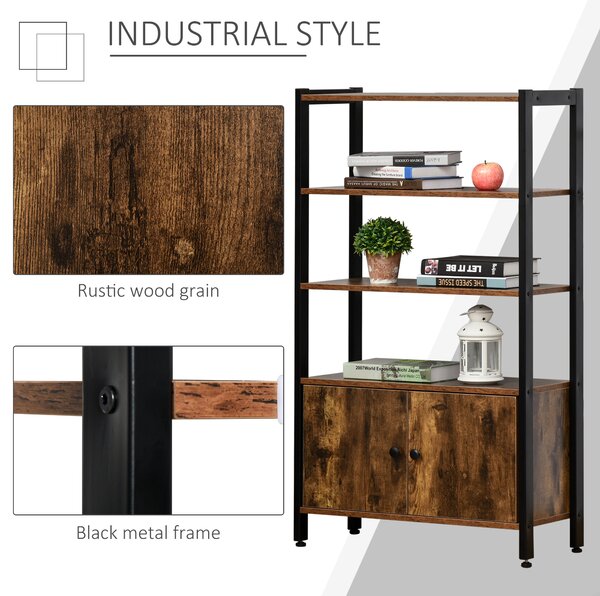 HOMCOM Industrial Bookshelf, Storage Cabinet with 3-Tier with Doors, for Home Office, Living Room Rustic Brown Aosom UK