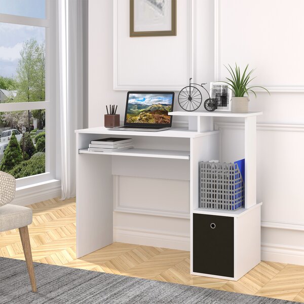HOMCOM Compact Small Computer PC Desk with Sliding Keyboard Tray Storage Drawer Shelf Home Office Workstation Gaming Study White Aosom UK