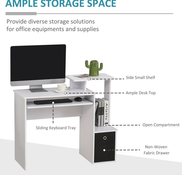 HOMCOM Compact Small Computer PC Desk with Sliding Keyboard Tray Storage Drawer Shelf Home Office Workstation Gaming Study White Aosom UK