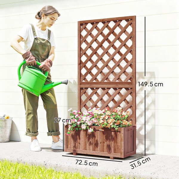 Outsunny Garden Wooden Pine Trough Planter with Topped Trellis Climbing Plants Flower Raised Bed Aosom UK