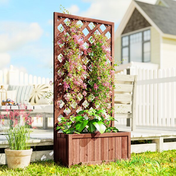 Outsunny Garden Wooden Pine Trough Planter with Topped Trellis Climbing Plants Flower Raised Bed Aosom UK