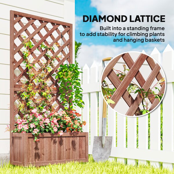 Outsunny Garden Wooden Pine Trough Planter with Topped Trellis Climbing Plants Flower Raised Bed Aosom UK