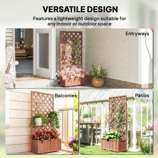 Outsunny Garden Wooden Pine Trough Planter with Topped Trellis Climbing Plants Flower Raised Bed Aosom UK