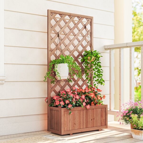 Outsunny Garden Wooden Pine Trough Planter with Topped Trellis Climbing Plants Flower Raised Bed Aosom UK