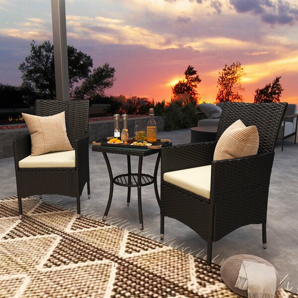 Outsunny 3 Pieces Rattan Bistro Set Outdoor Rattan Furniture with Wicker Chairs & Table, Cushions, Waterproof, Black Aosom UK