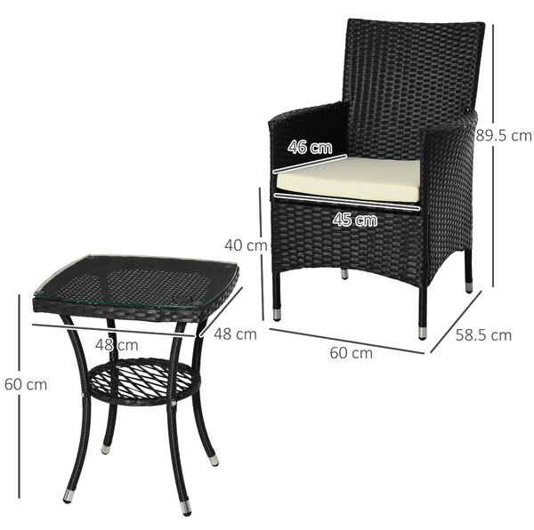 Outsunny 3 Pieces Rattan Bistro Set Outdoor Rattan Furniture with Wicker Chairs & Table, Cushions, Waterproof, Black Aosom UK