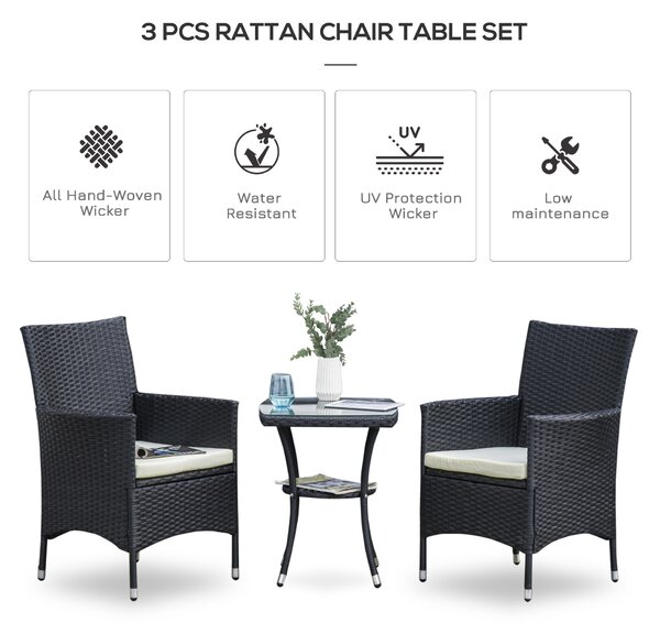 Outsunny 3 Pieces Rattan Bistro Set Outdoor Rattan Furniture with Wicker Chairs & Table, Cushions, Waterproof, Black Aosom UK