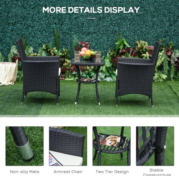 Outsunny 3 Pieces Rattan Bistro Set Outdoor Rattan Furniture with Wicker Chairs & Table, Cushions, Waterproof, Black Aosom UK