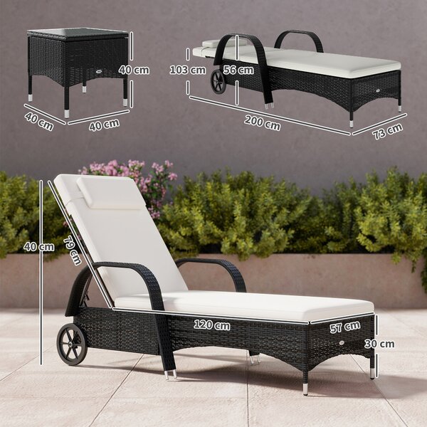 Outsunny 3 Pieces Patio Lounge Chair Set Garden Wicker Wheeling Recliner Outdoor Daybed, PE Rattan Lounge Chairs w/ Cushions & Side Coffee Table Black