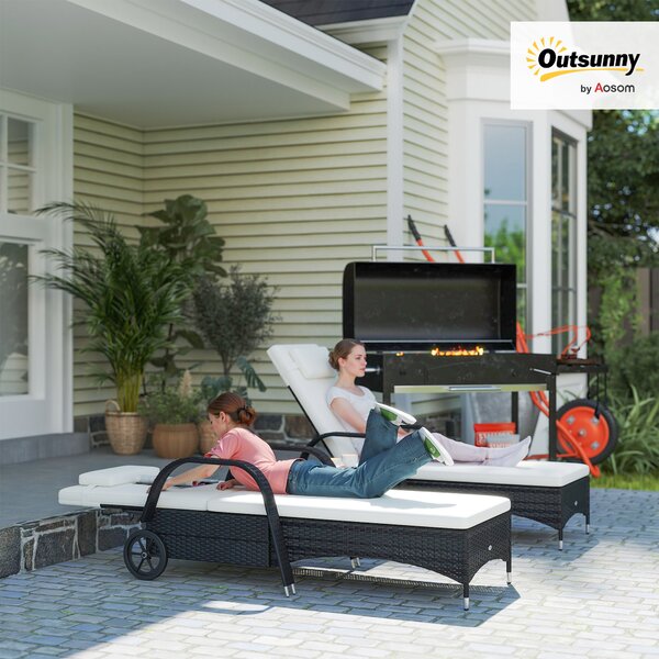 Outsunny 3 Pieces Patio Lounge Chair Set Garden Wicker Wheeling Recliner Outdoor Daybed, PE Rattan Lounge Chairs w/ Cushions & Side Coffee Table Black