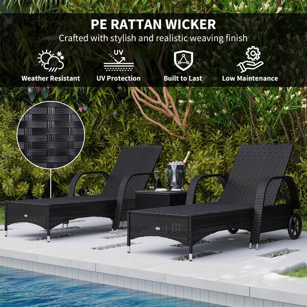 Outsunny 3 Pieces Patio Lounge Chair Set Garden Wicker Wheeling Recliner Outdoor Daybed, PE Rattan Lounge Chairs w/ Cushions & Side Coffee Table Black