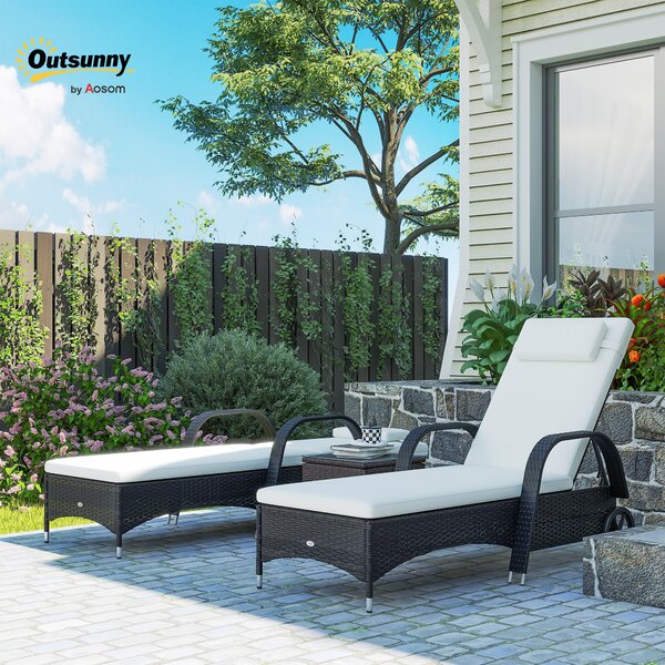 Outsunny 3 Pieces Patio Lounge Chair Set Garden Wicker Wheeling Recliner Outdoor Daybed, PE Rattan Lounge Chairs w/ Cushions & Side Coffee Table Black
