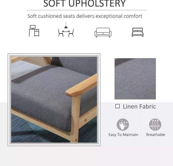 Minimalistic Accent Chair Wood Frame w/Thick Linen Cushions Wide Seat HOMCOM Mid Century Armchair Home Furniture Bedroom Office Grey Aosom UK