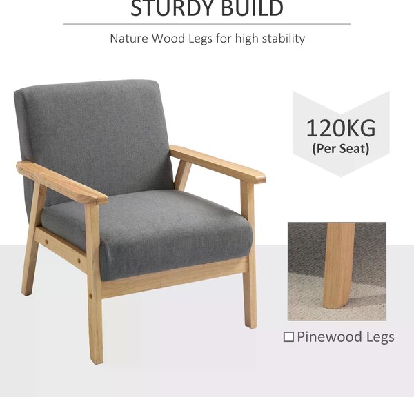 Minimalistic Accent Chair Wood Frame w/Thick Linen Cushions Wide Seat HOMCOM Mid Century Armchair Home Furniture Bedroom Office Grey Aosom UK