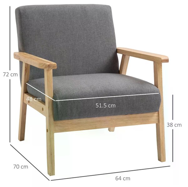 Minimalistic Accent Chair Wood Frame w/Thick Linen Cushions Wide Seat HOMCOM Mid Century Armchair Home Furniture Bedroom Office Grey Aosom UK