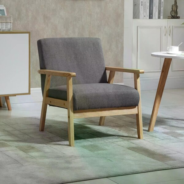 Minimalistic Accent Chair Wood Frame w/Thick Linen Cushions Wide Seat HOMCOM Mid Century Armchair Home Furniture Bedroom Office Grey Aosom UK