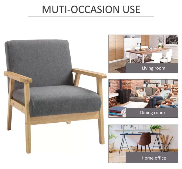Minimalistic Accent Chair Wood Frame w/Thick Linen Cushions Wide Seat HOMCOM Mid Century Armchair Home Furniture Bedroom Office Grey Aosom UK