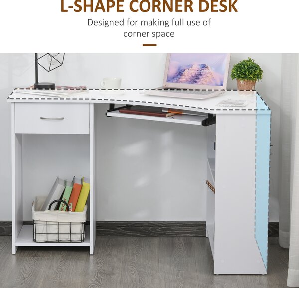 HOMCOM L-Shaped Desk w/ 2 Shelves, Corner Computer Desk, Keyboard Tray Drawer & CPU Stand Home Office Study Bedroom Furniture White Aosom UK