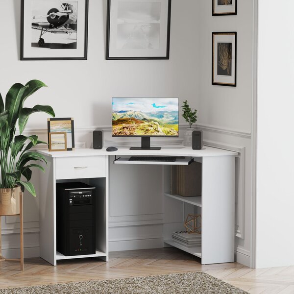 HOMCOM L-Shaped Desk w/ 2 Shelves, Corner Computer Desk, Keyboard Tray Drawer & CPU Stand Home Office Study Bedroom Furniture White Aosom UK