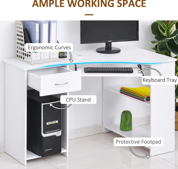 HOMCOM L-Shaped Desk w/ 2 Shelves, Corner Computer Desk, Keyboard Tray Drawer & CPU Stand Home Office Study Bedroom Furniture White Aosom UK