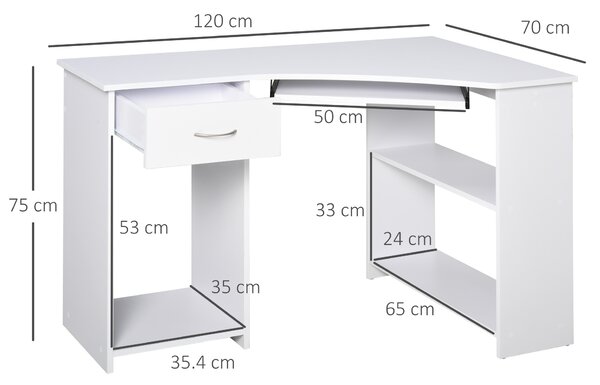 HOMCOM L-Shaped Desk w/ 2 Shelves, Corner Computer Desk, Keyboard Tray Drawer & CPU Stand Home Office Study Bedroom Furniture White Aosom UK
