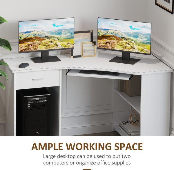 HOMCOM L-Shaped Desk w/ 2 Shelves, Corner Computer Desk, Keyboard Tray Drawer & CPU Stand Home Office Study Bedroom Furniture White Aosom UK
