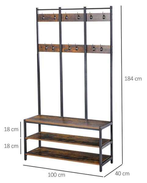 HOMCOM Hall Tree Coat Rack Stand, Freestanding with Hooks, Bench, Shoe Storage, 100cm x 40cm x 184cm, Rustic Brown, Black Aosom UK