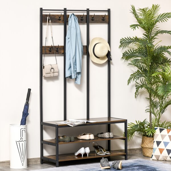HOMCOM Hall Tree Coat Rack Stand, Freestanding with Hooks, Bench, Shoe Storage, 100cm x 40cm x 184cm, Rustic Brown, Black Aosom UK