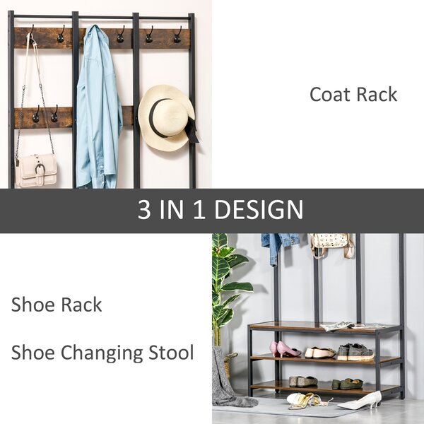 HOMCOM Hall Tree Coat Rack Stand, Freestanding with Hooks, Bench, Shoe Storage, 100cm x 40cm x 184cm, Rustic Brown, Black Aosom UK