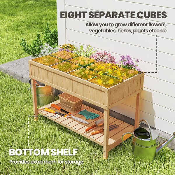 Outsunny Garden Wooden Planters, Flower Box Raised, Rectangular 8 Compartment Plant Stand, Oak Tone Aosom UK